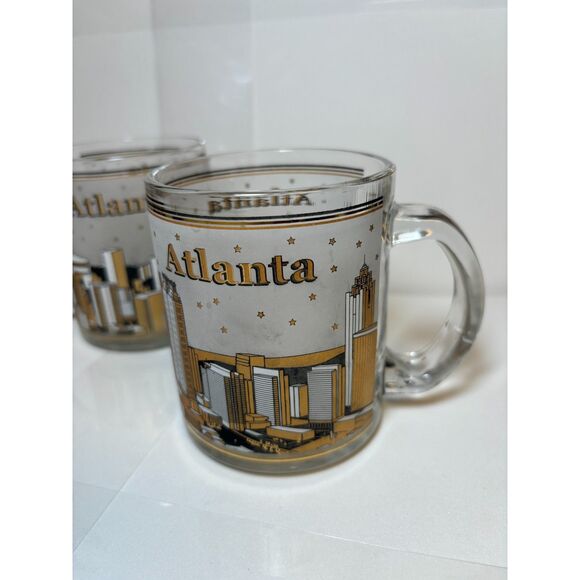 2 Atlanta Frosted Gold and Black City Building Stars Clear Glass Mugs - Picture 7 of 9